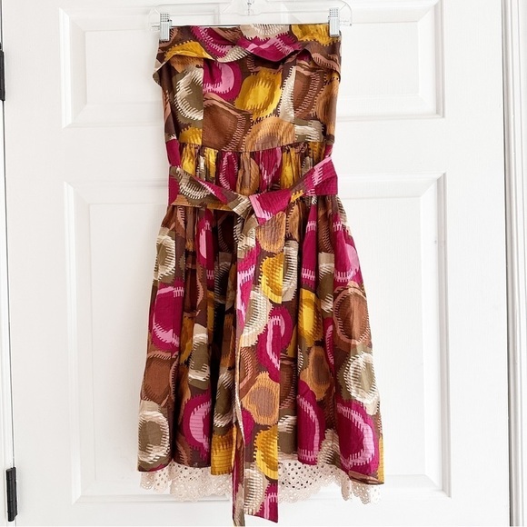 BCBGMaxazria Women Strapless Back Zip Tie-Waist Printed Cotton Lace Midi Dress 6 - Picture 1 of 8